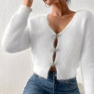 White Casual Women's Fluffy Mohair Rhinestone Cardigan